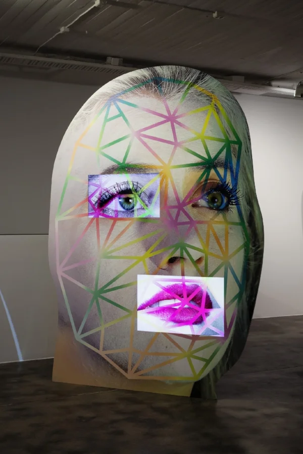 Tony Oursler. Fap0s, 2016. Birch plywood, Sintra print, media players, sound and TV monitors. Magasin III Production. Photo: Christian Saltas.