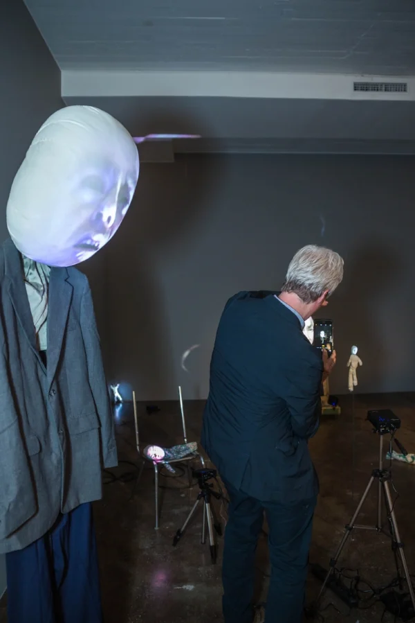 Tony Oursler among his creatures at the Magasin III Museum of Contemporary Art, in Stockhol.