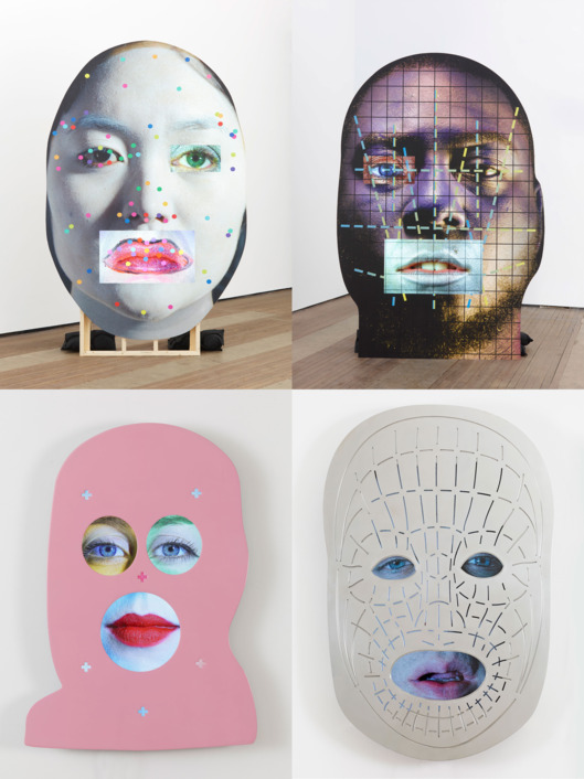 Works from Oursler’s exhibition at Lehmann Maupin. Photo: TONY OURSLER EUC, TONY OURSLER CV(15), TONY OURSLER INK, TONY OURSLER OWE; 2015 wood, LCD screens, inkjet print, sound performed by Holly Stanton, Jim Fletcher, and Brandon Olson 113 x 71.5 x 30.5 inches (with base) 287 x 181.6 x 774.7 cm Courtesy the artist and Lehmann Maupin, New York and Hong Kong