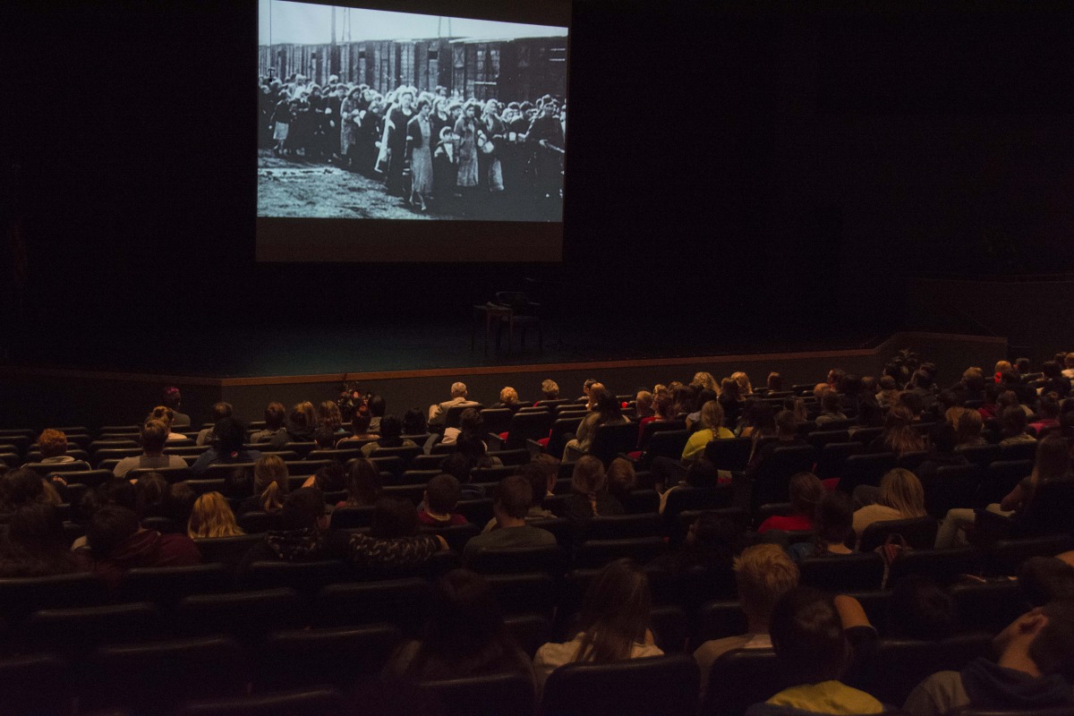 Sidney Finkel speaking at Millard South High School.