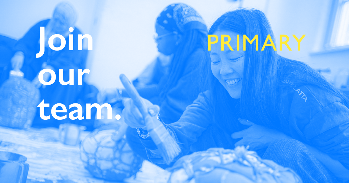 A blue-tinted photograph of artist Maia Ruth Lee’s 'Human Life in Motion' workshop (2025). White text overlaid on the image reads:  “Join our team”.