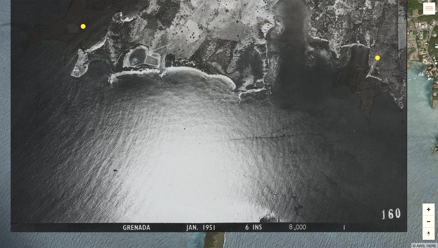 Black-and-white aerial photograph of the coastline of Grenada from January 1951. Two yellow markers show listening points within the Radio Free Grenada interactive map.