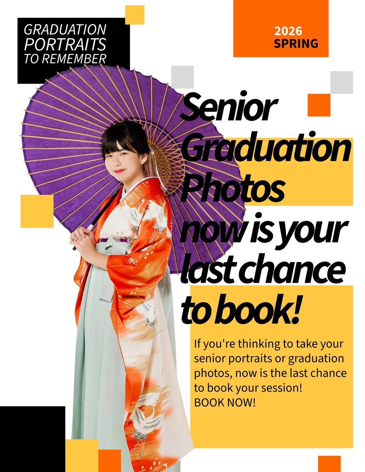 Last call! 
If you want to wear a kimono and take your senior/graduation portrait in a studio in Glendale, this is your last call to book the mini session! 

I'm hosting studio mini sessions on Saturday, May 16th. 
If you want to wear a kimono for yo