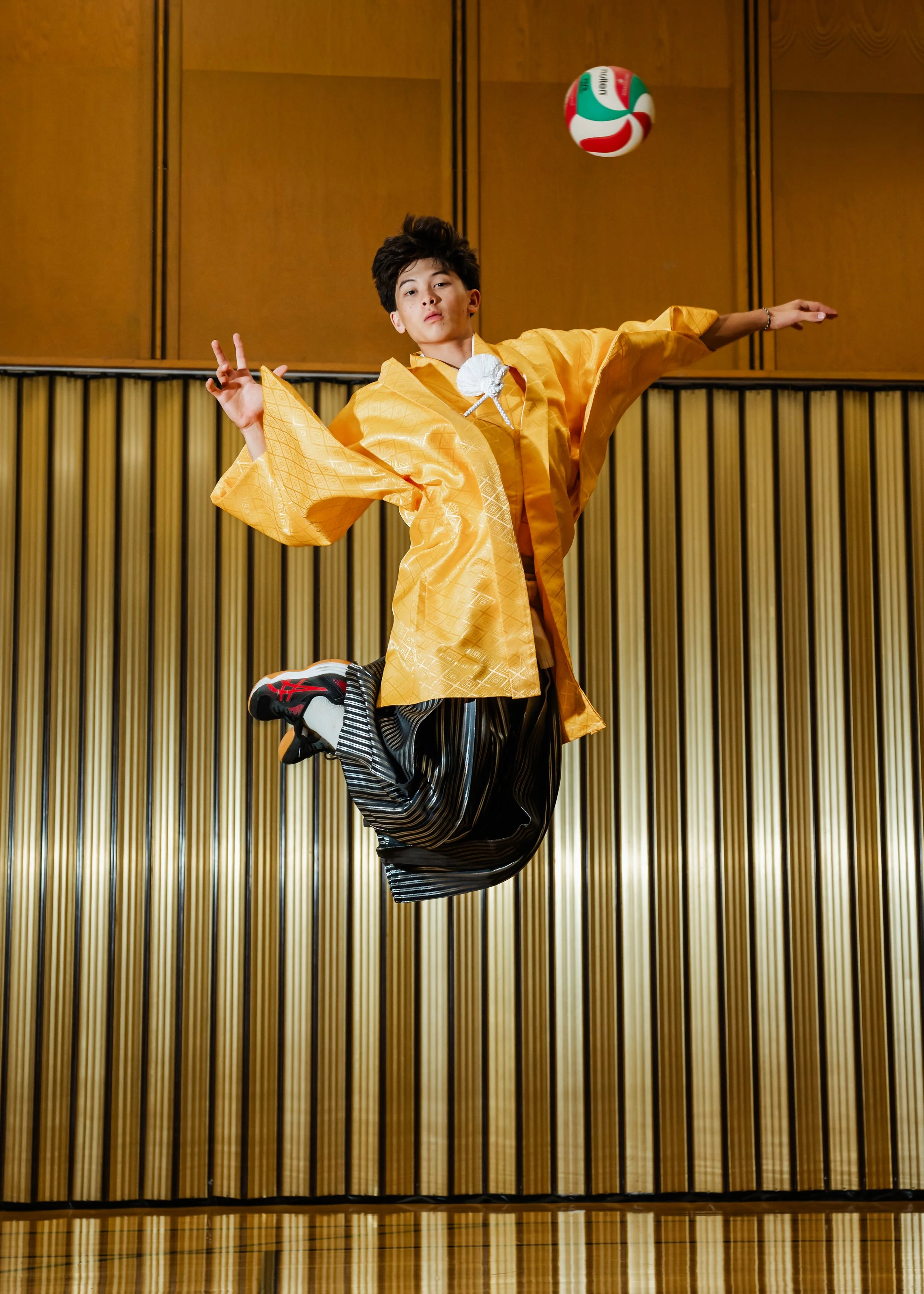 Cool Senior photo wearing japanese kimono and doing  jumping