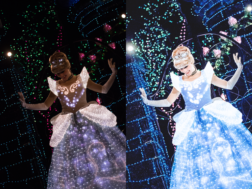 Cinderella, Tokyo Disneyland Electrical Parade Dreamlights Dreamlights is really such a stunning parade, but (as with most nighttime parades) it's difficult to photograph. In this case, I played around with curves, camera calibration, and the masking tool in Lightroom. 