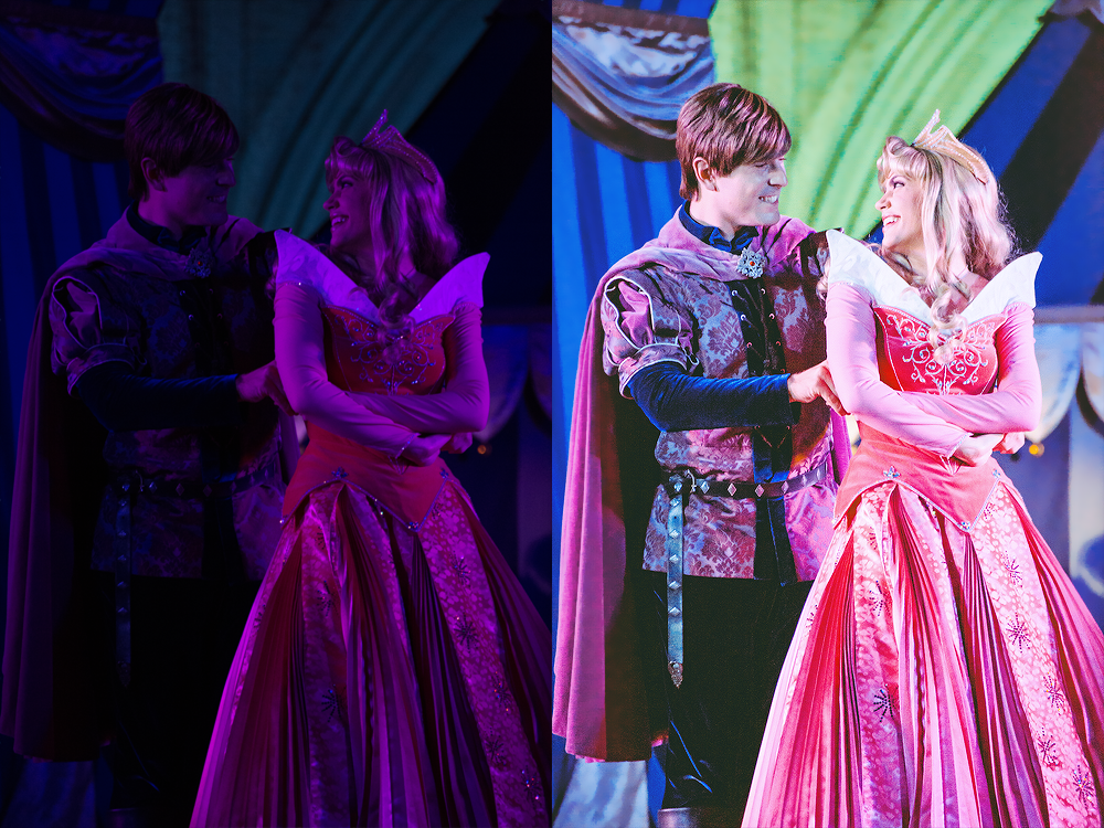 Prince Phillip & Aurora, Dream Along With Mickey I'll never forget the first time that I shot DAWM in the evening. I'll also never forget how unprepared I was for their terrible lighting. Here I relied on Lightroom to fix the white balance, curves to adjust the lighting, and also split toning to even out the colors.