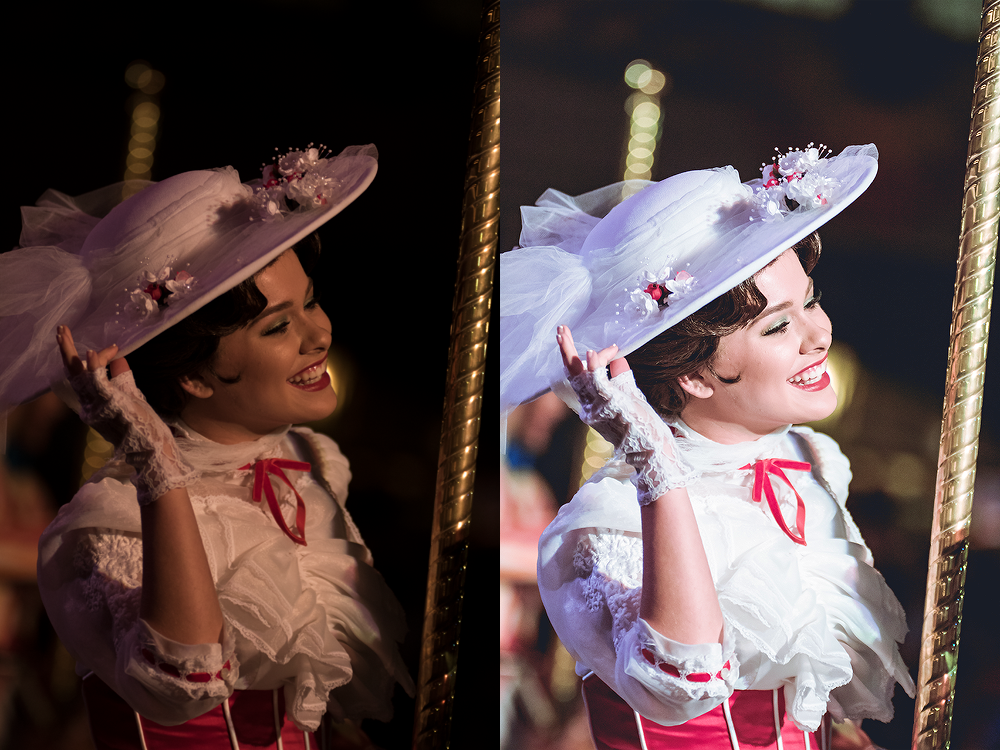 Mary Poppins, Mickey's Soundsational Parade In terms of bad nighttime photos, this isn't my worst. However, I will say that Soundsational (and A Christmas Fantasy) without a doubt has THE worst nighttime parade lighting in all of the Disney parks. Something about Disneyland... This photo was processed with camera calibration (profile is amazing) and curves. Know your curves!