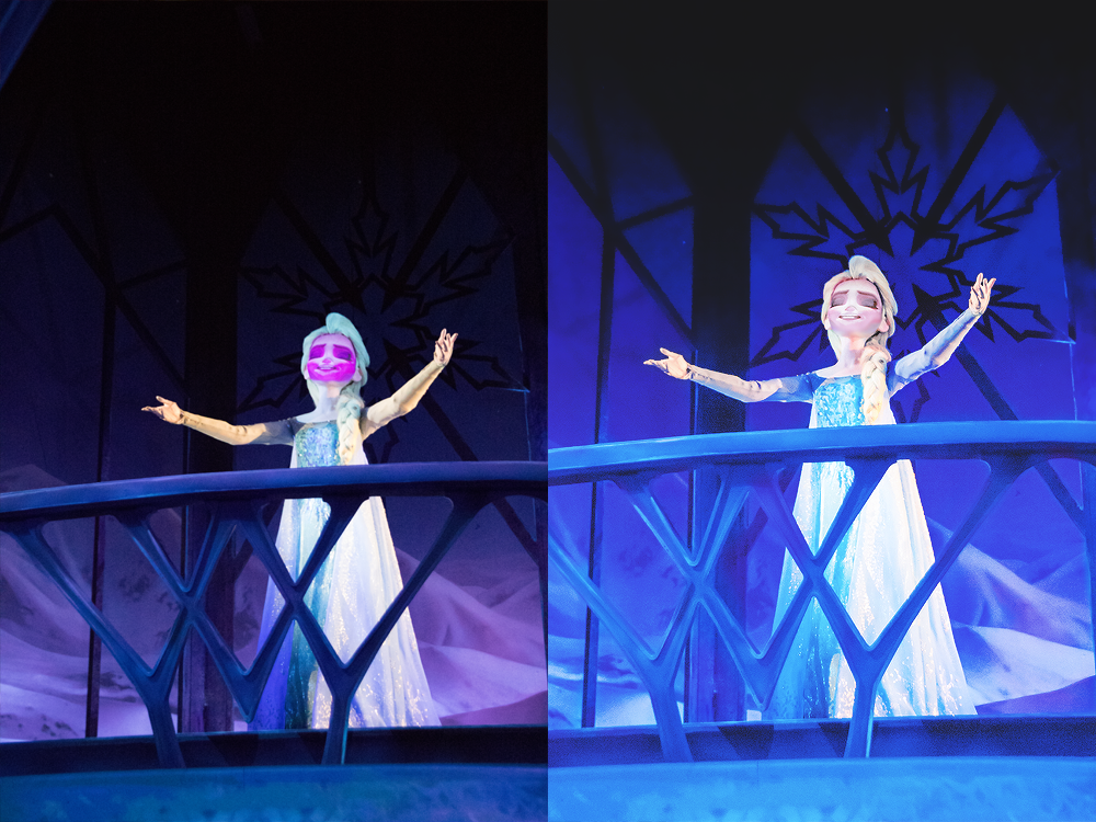 Elsa, Frozen Ever After The curse of the screen based animatronic face. Maybe it's just me(?), but my photos of screen faces never work out. I get a strange variation of magenta and lime green faces in between at least one regular frame. Fixing this error requires layers of color correction, white balance, and patience. 