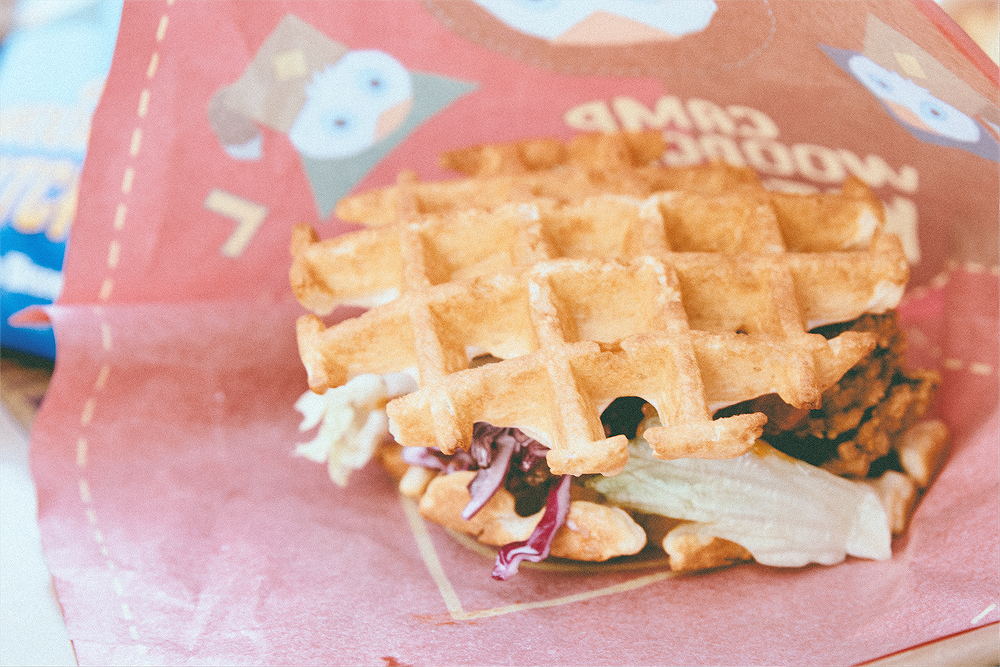 Camp Woodchuck is the only quick service with comfort food like this: a chicken and waffle sandwich.