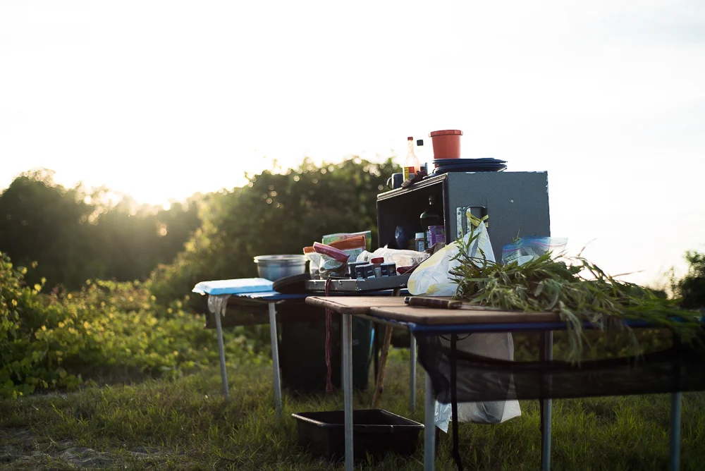 The original "pop-up" camp kitchen. Scene from the Rivergator Celebratory Expedition 2017.
