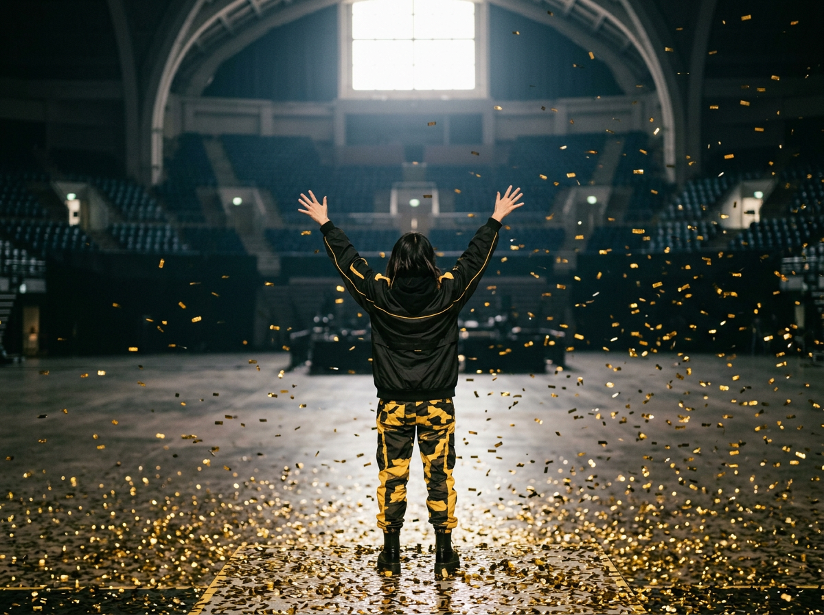 Person standing on stage with arms raised in a large indoor arena, surrounded by falling gold confetti, backlit by bright light from large window.