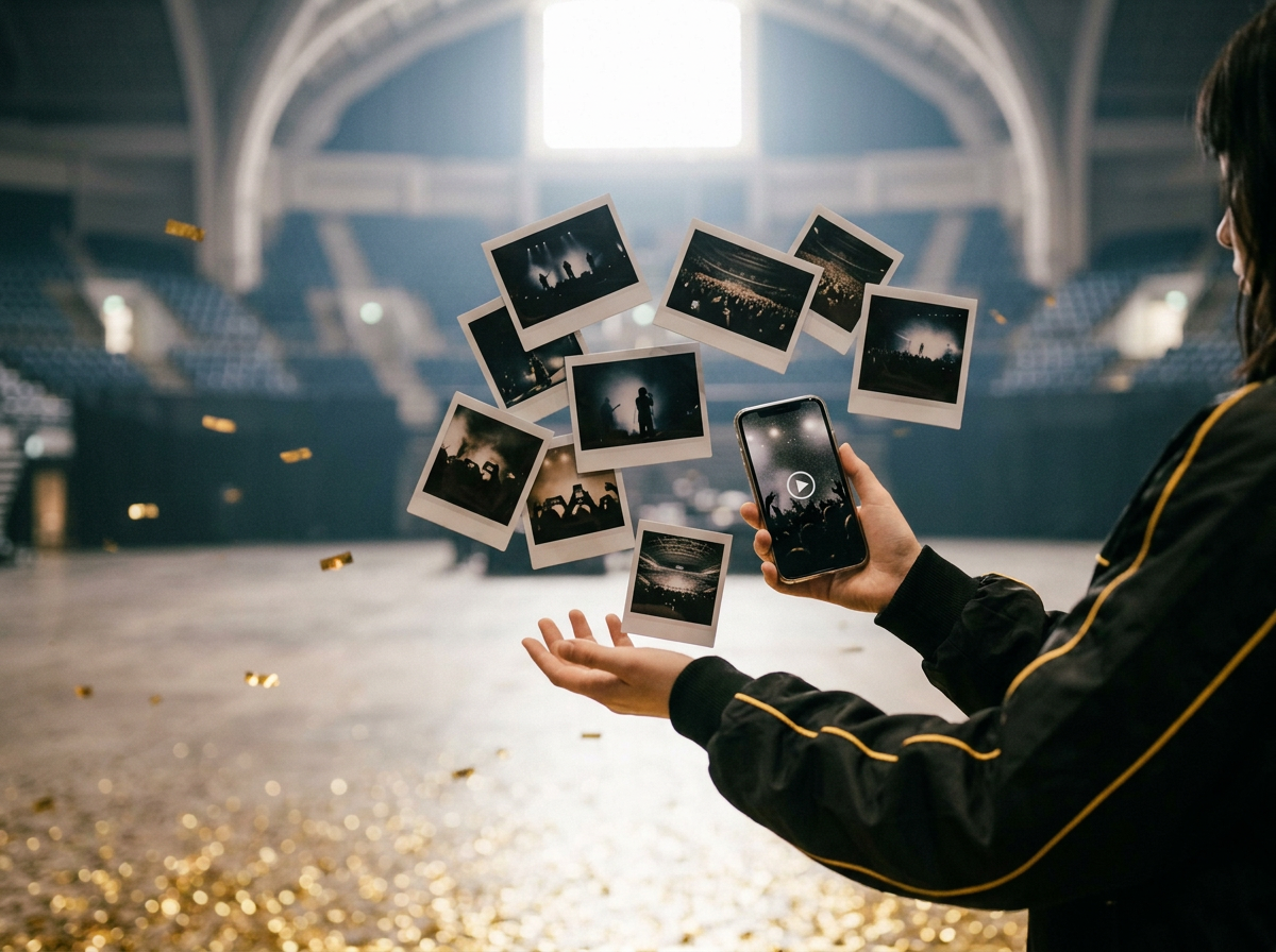 Person taking a photo of concert photos and videos with a smartphone inside an empty indoor arena.