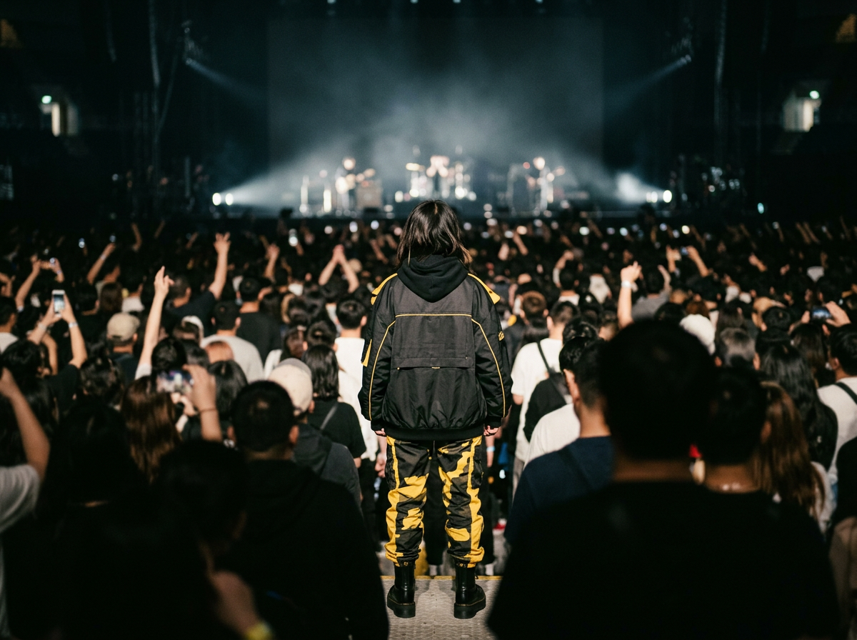 A person dressed in black and yellow camouflage pants and a black jacket is standing on a platform, facing a large crowd at a concert or music event, with the stage visible in the background with bright lights.