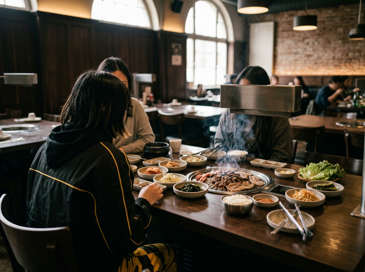 People sitting at a restaurant table enjoying Korean barbecue with a built-in grill, plates of food, and vegetables.