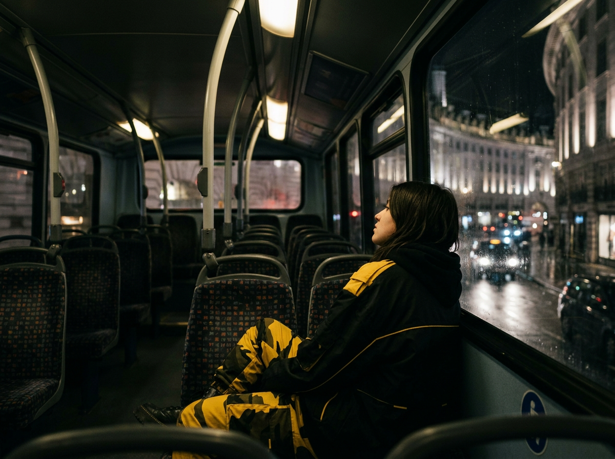 A woman with dark hair wearing a black and yellow jacket and camouflage pants sitting alone on a bus at night, looking out the window at a rainy city street.