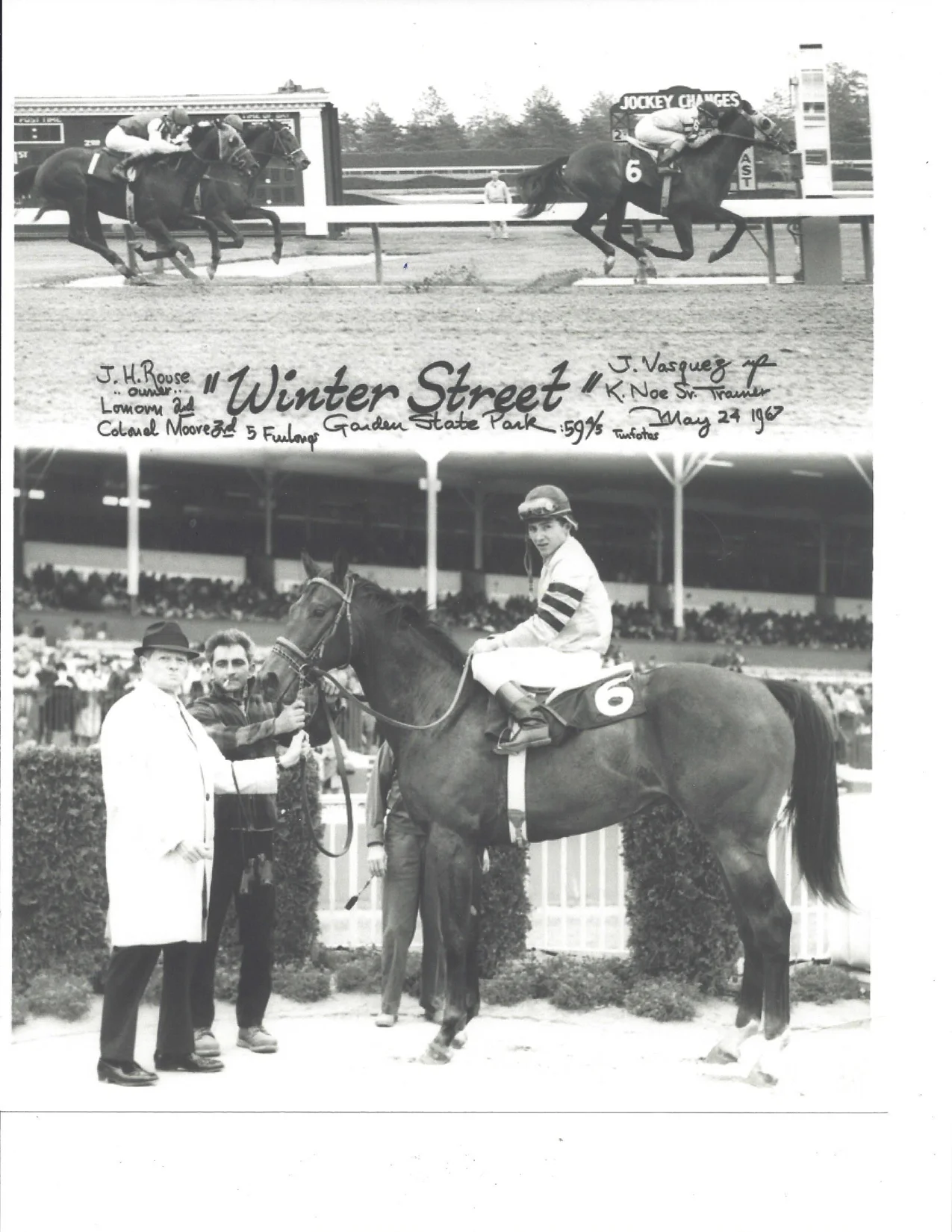 While Howard Rouse did not own any Derby horses, he did have a few winners, including Winter Street, who won a Garden State Park (N.J.) race in 1967. The horse was named after the main road through Midway, U.S. 62, or Winter Street, where he and Honeywood lived. Howard is not in the picture above, because he usually shunned the winner's circle.