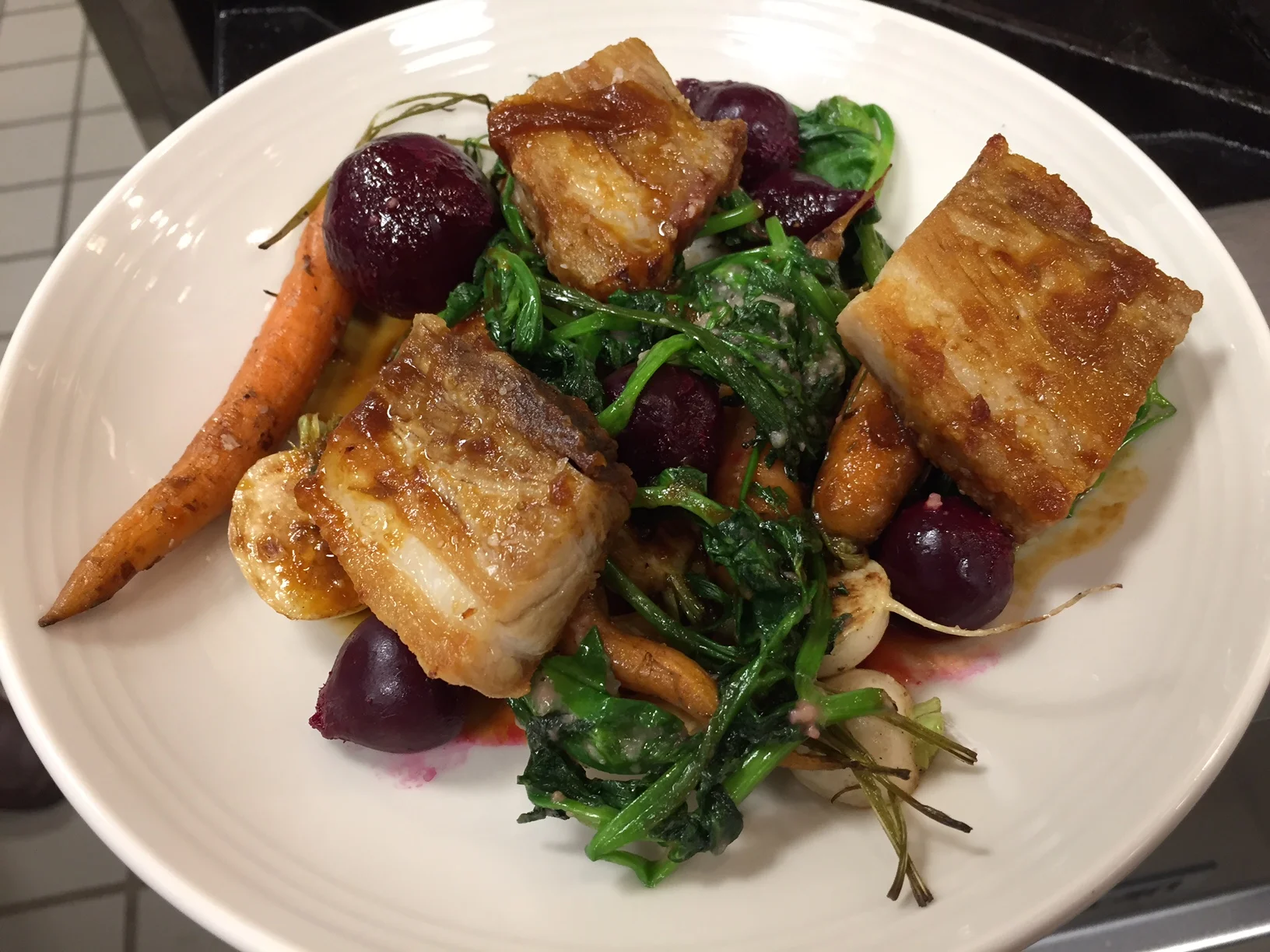 Chef Josh roasted Stone Cross Farm pork belly and paired it with pea shoots (his favorite), beets, turnips and carrots from Three Spring Farm. 