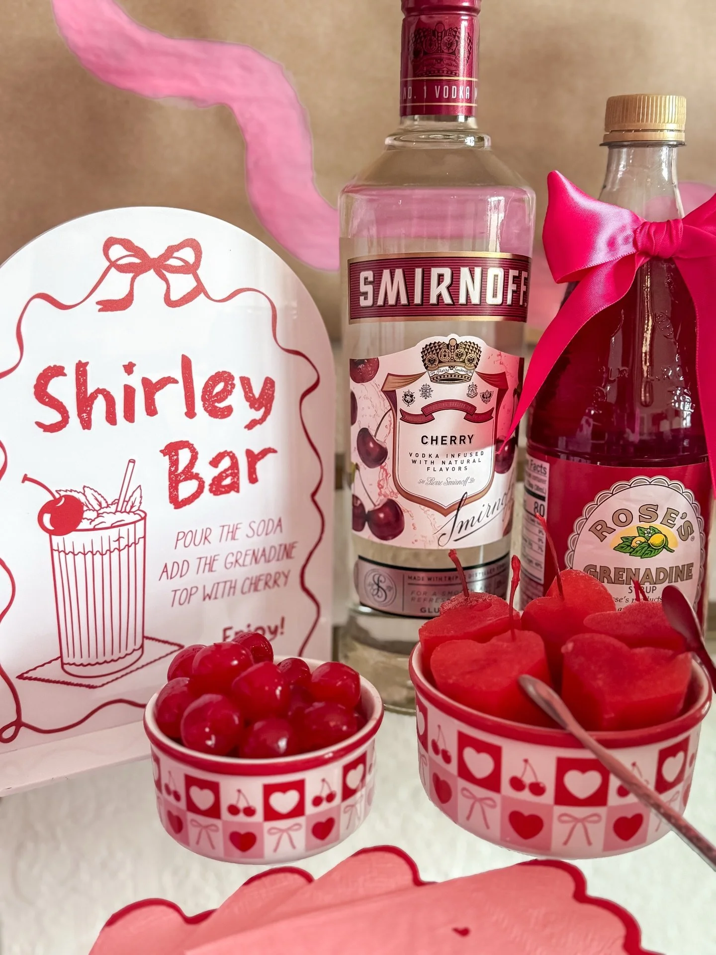 The Shirley bar at Galentine&rsquo;s was so fun and something a little different than our usual champagne! I had heart shaped grenadine ice cubes with cherries inside they could add to their drink as well as options to make a dirty Shirley. It all tu
