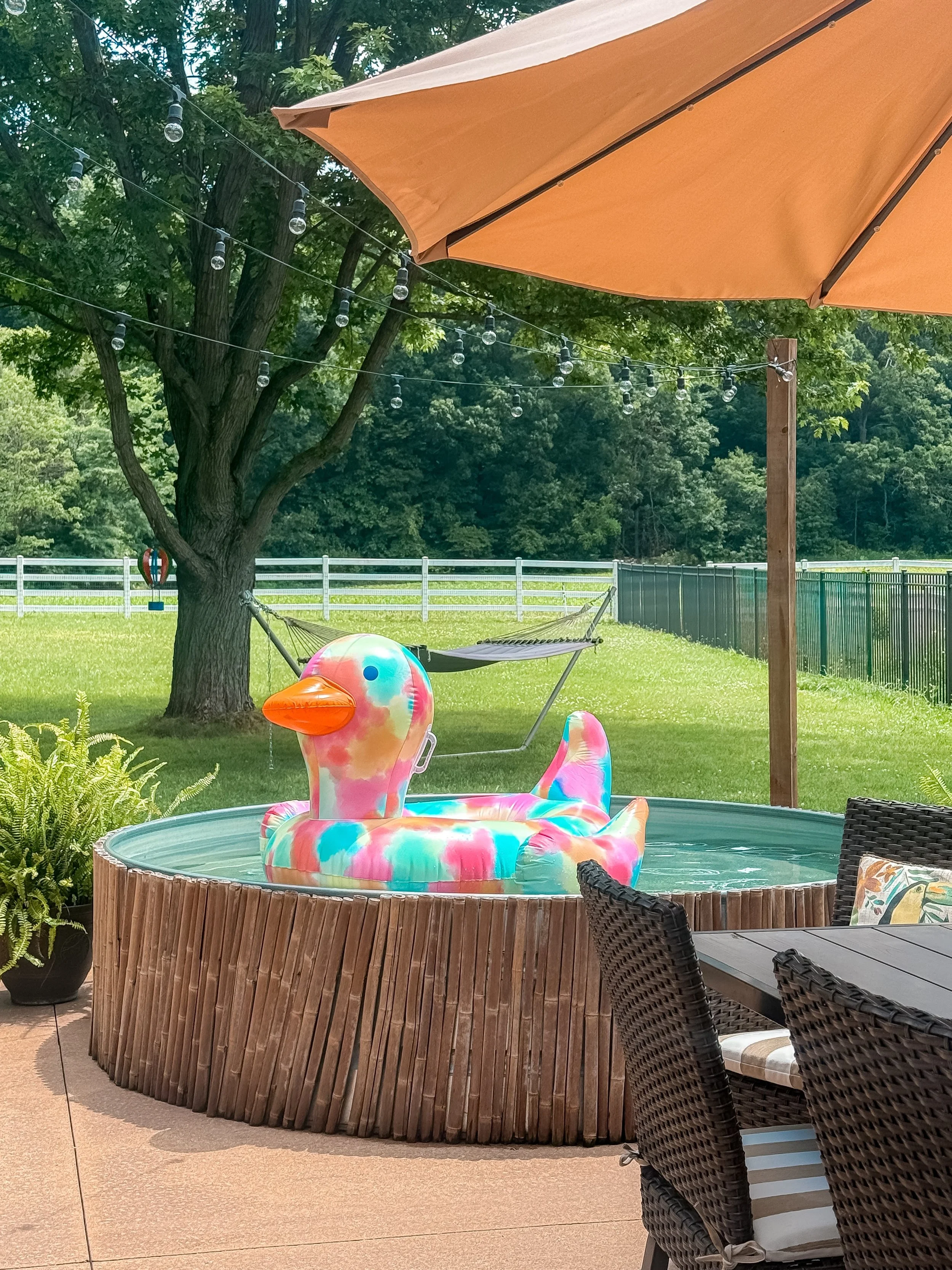 We ditched the flamingo this year and the kids picked out this fun tie dye duck float for the stock tank! Summer is officially here and we are loving all the pool time, sunshine, and popsicles! 🩵