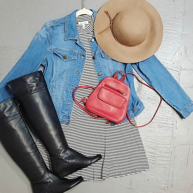 Classic combo of stripes and a denim jacket looks perfect with a wool floppy hat and over the knee boots 😍 The red mini backpack completes this Florida friendly outfit! #wearsomethingdifferent #dressinhappinessdaily #rockit ##rentit #buyit #letsplay