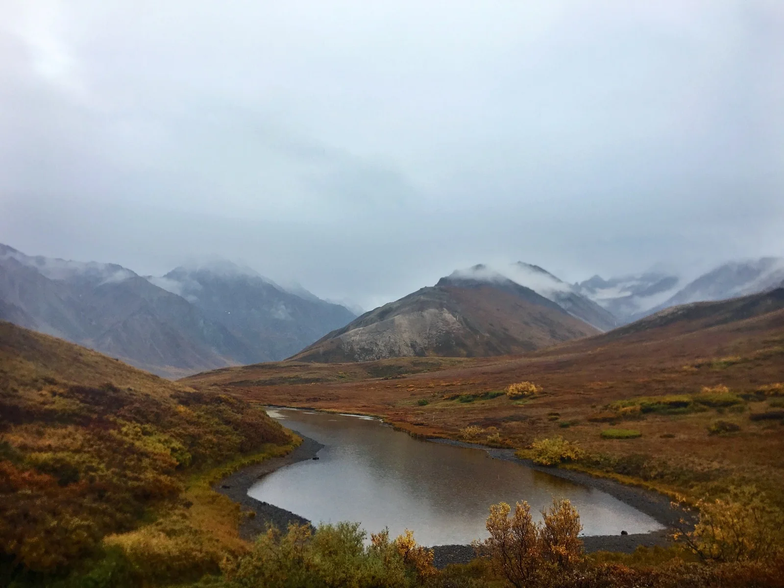  A pond that lies north of the Polychrome Glacier range on a rainy morning.&nbsp; 