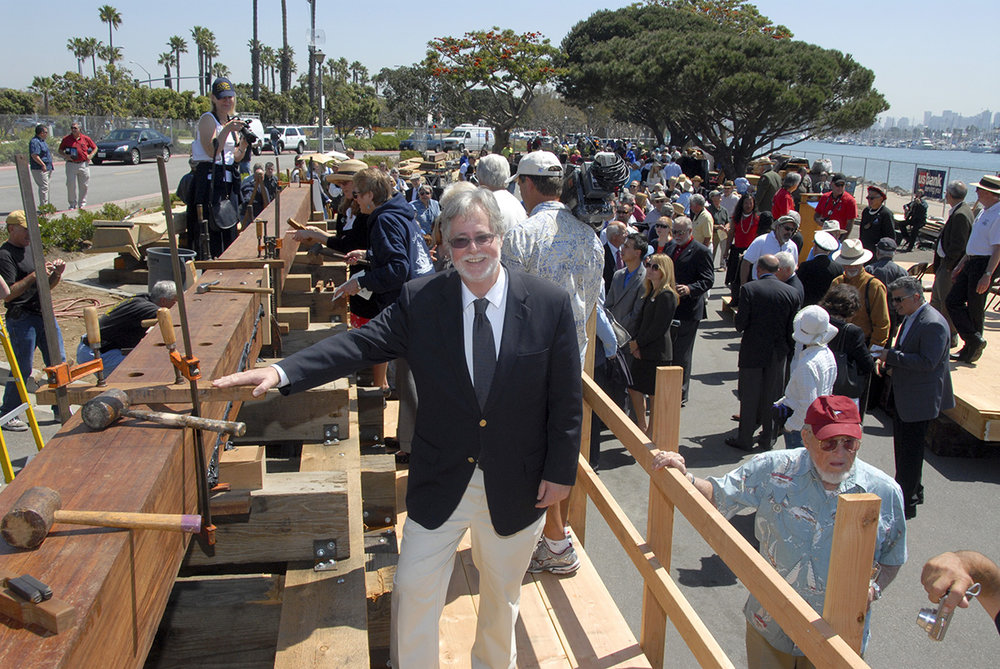 Dr. Raymond Ashley, Maritime Museum of San Diego, at the ceremonial keel laying of the <em>San Salvador</em> replica in 2011