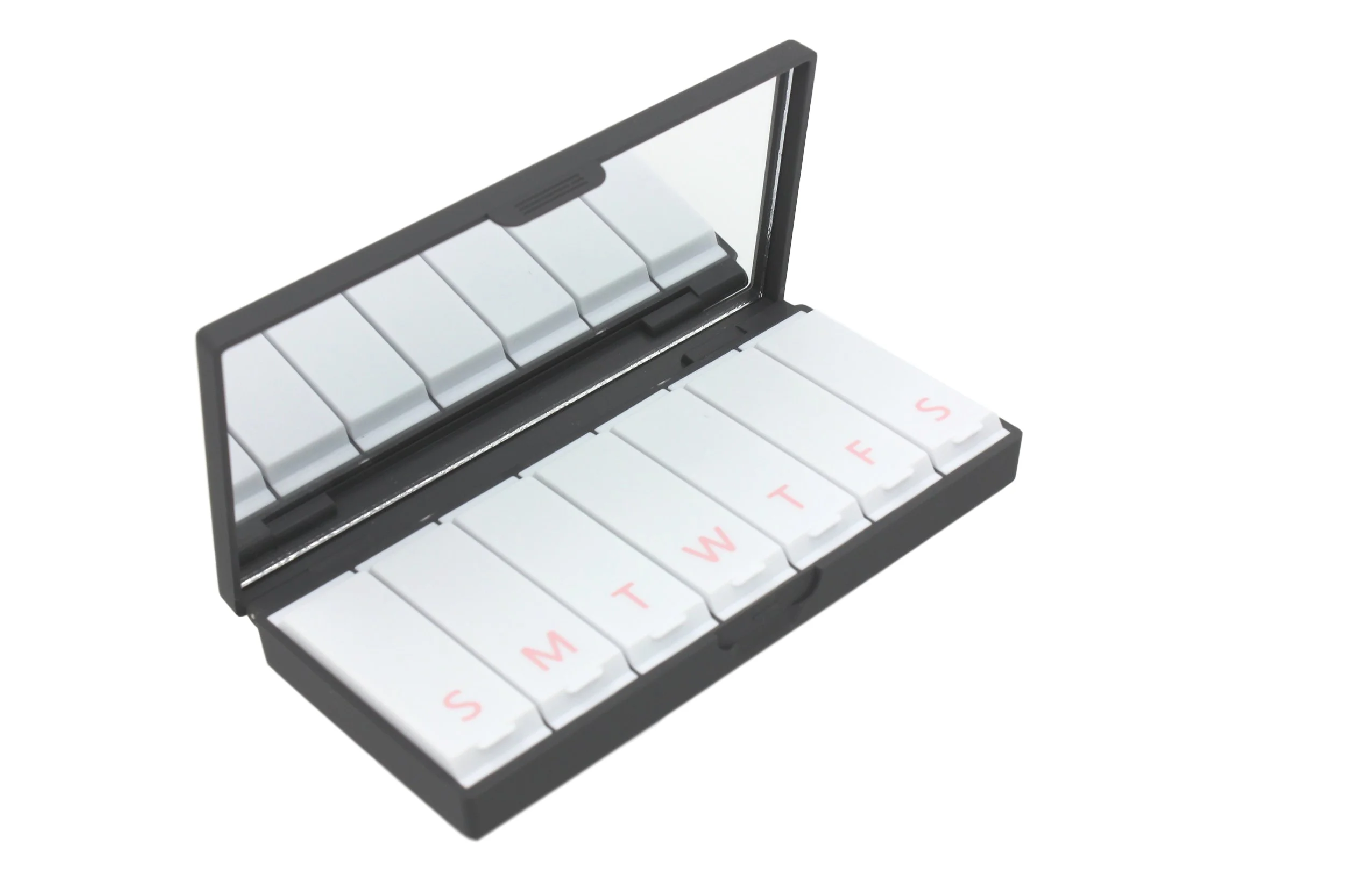 Open gray pill case diagonal view