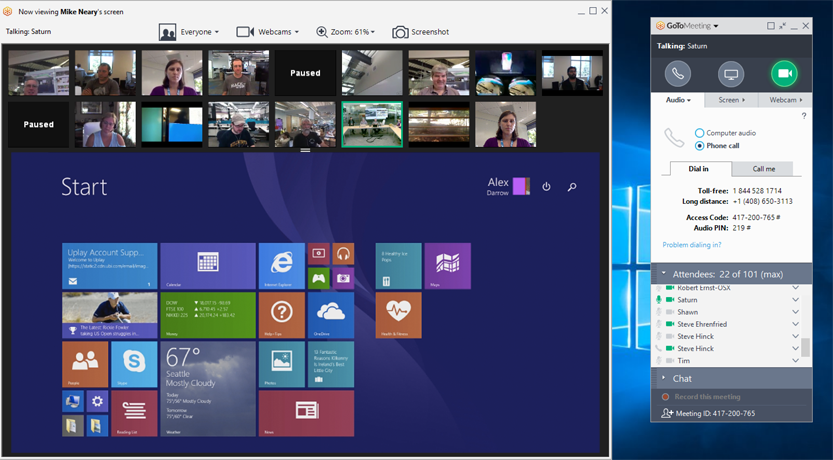 The final viewer for Windows desktop. We changed the default to see webcams across the top, which met users' expectations and allowed their gaze to stay close to their webcam. Few users expressed the desire to move their webcams to any other position.