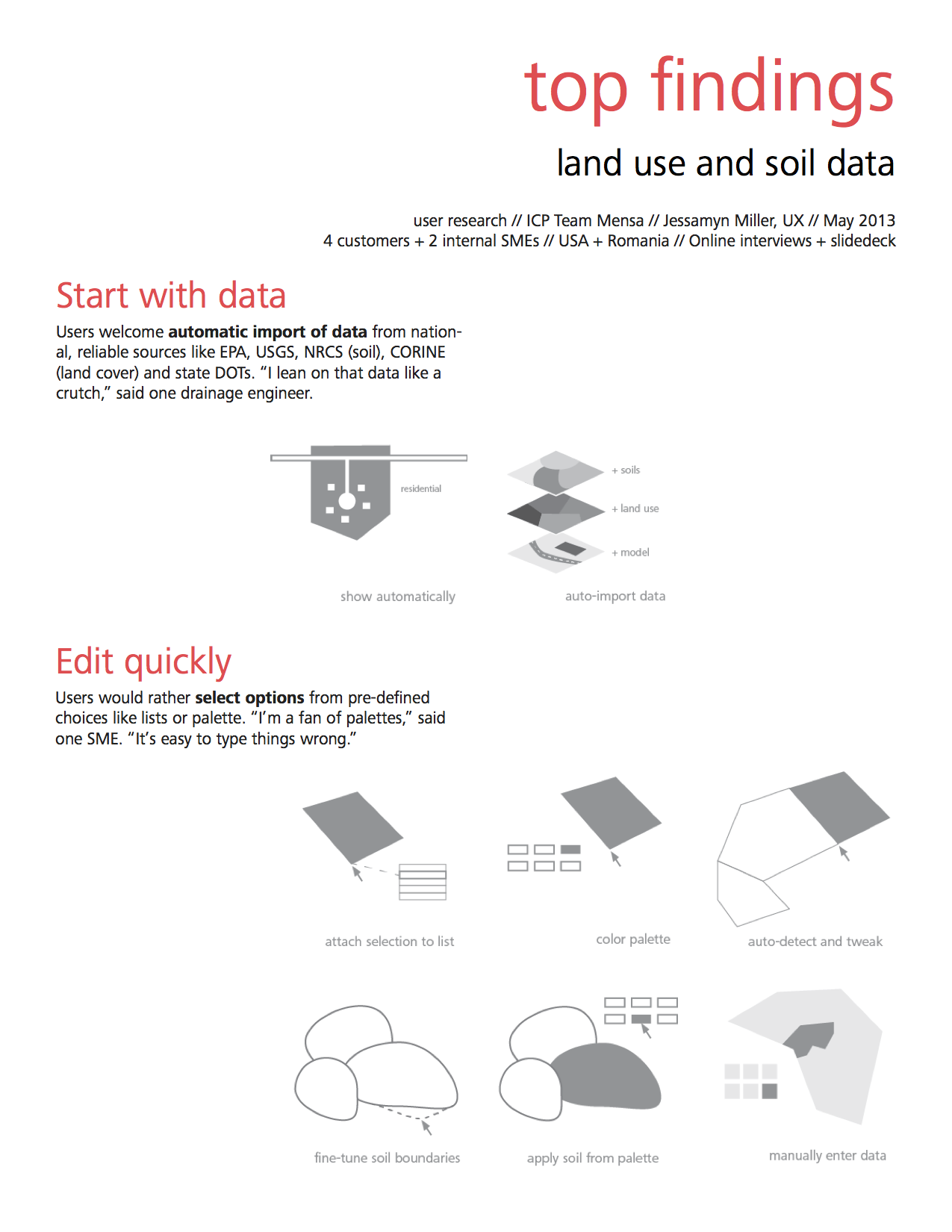 User research findings summary that highlights how engineers start by importing data into a model, then select areas to define from pre-determined lists. Manual editing and defining one's own options from scratch were less desirable.