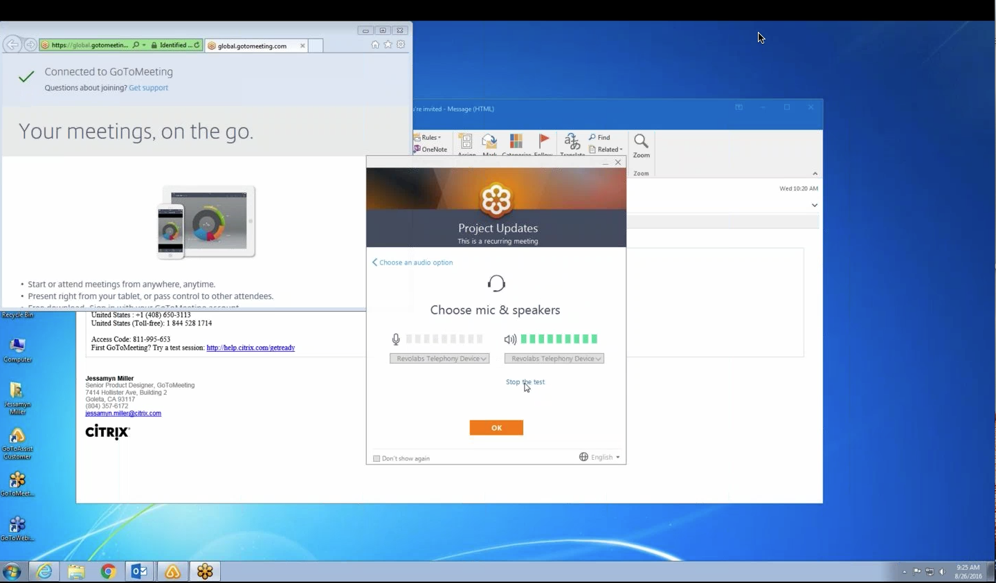 A user plays the "test your sound" link to play music and test their speakers before joining the session. One of the concerns about the audio selection flow was the repetitive nature of seeing setup dialogs every time the user joins. We eliminated t…