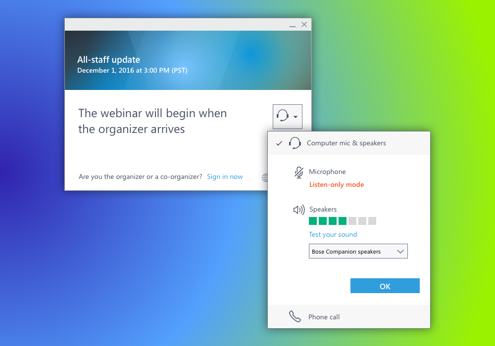 In this iteration, the user goes straight to the hallway to wait for the organizer with their preferred audio mode selected. If they want to change modes, they use the dropdown to either adjust their devices or select an alternate mode. This design …