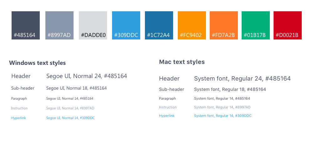 Typography style guidelines and color palette for the project. We moved away from pure black to a dark grey to help brand the dialogs and make the user feel welcome in their meeting.