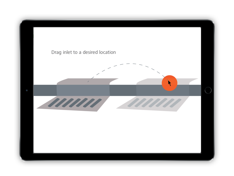 The user drags a storm inlet along the edge of a street curb. The model can identify low points and automatically suggest positioning.