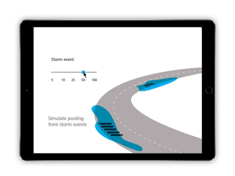 Visualize how a road would flood during a storm event. Use a slider to adjust the magnitude of the storm at a glance.