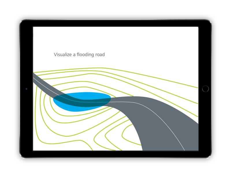 In this model, the user sees their roadway draped over a terrain. A storm event is simulated and flooding appears in areas where rainfall would collect.