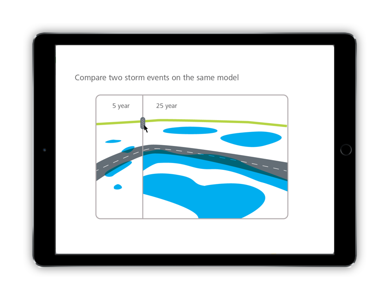 Using a slider, the user can visualize and compare the impact of two flood events side by side.