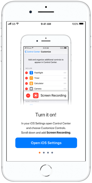 In the first step of the tutorial, shown only to first time users, the user sees they must customize their Control Center settings to enable Screen recording. The button takes them directly there, so they can complete this step before proceeding.