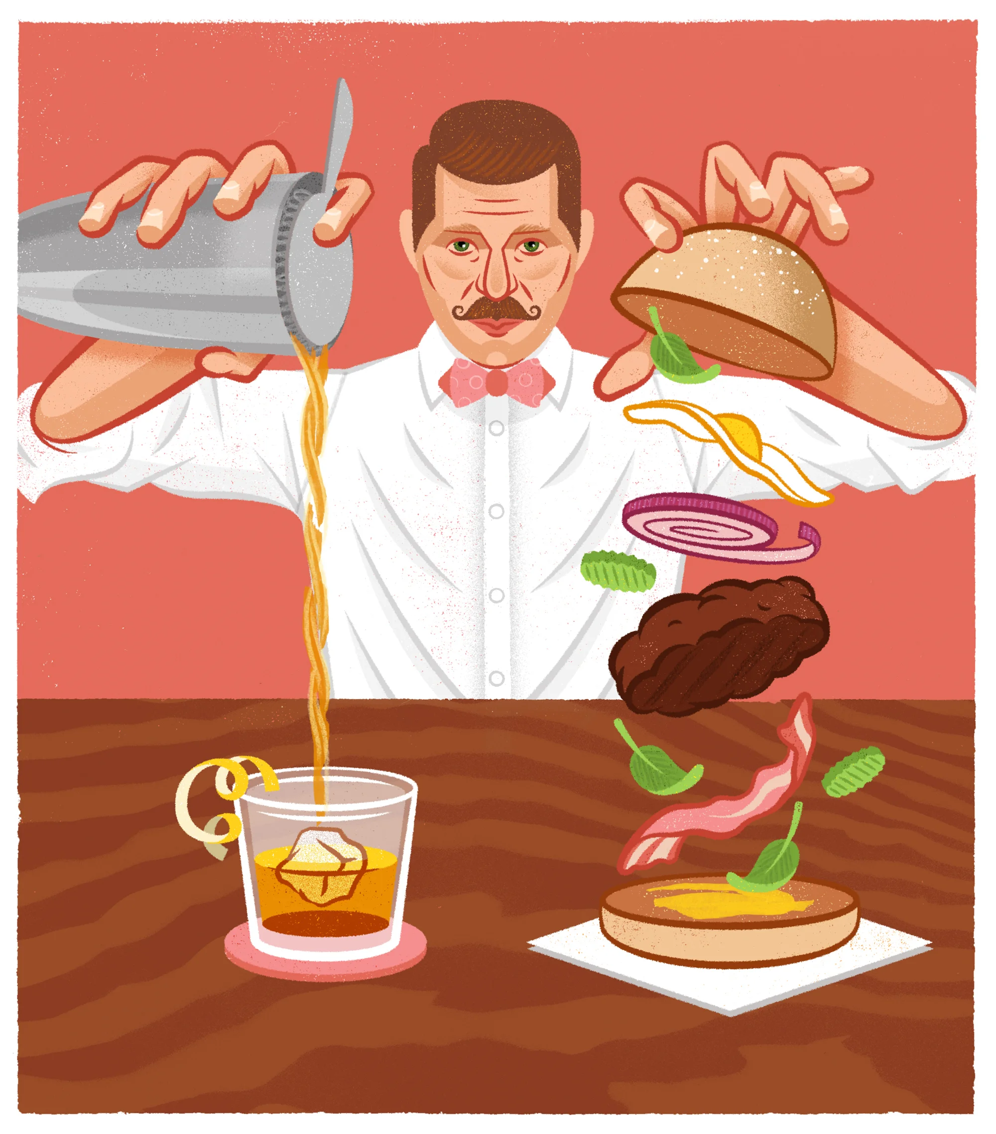  Editorial illustration for  I  sthmus , for an article on how the burger is just as important as the drink at a great bar. Art direction by Carolyn Fath. 