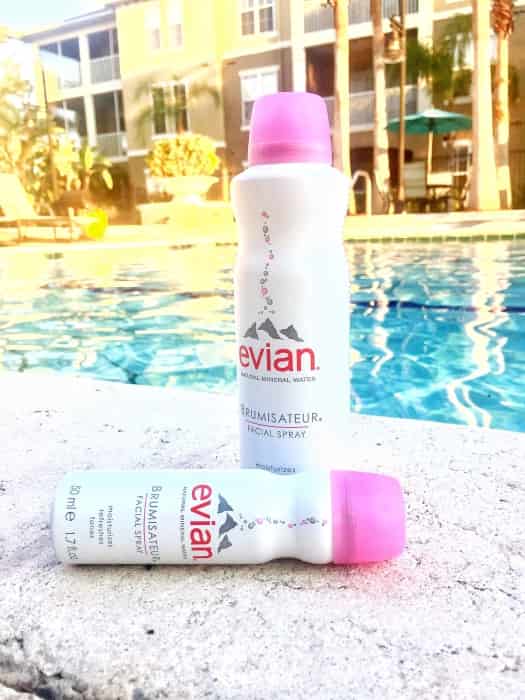 The versatile evian Facial Spray is a staple in this mama's pool bag because it can be used to clean sticky hands or hydrate the skin.