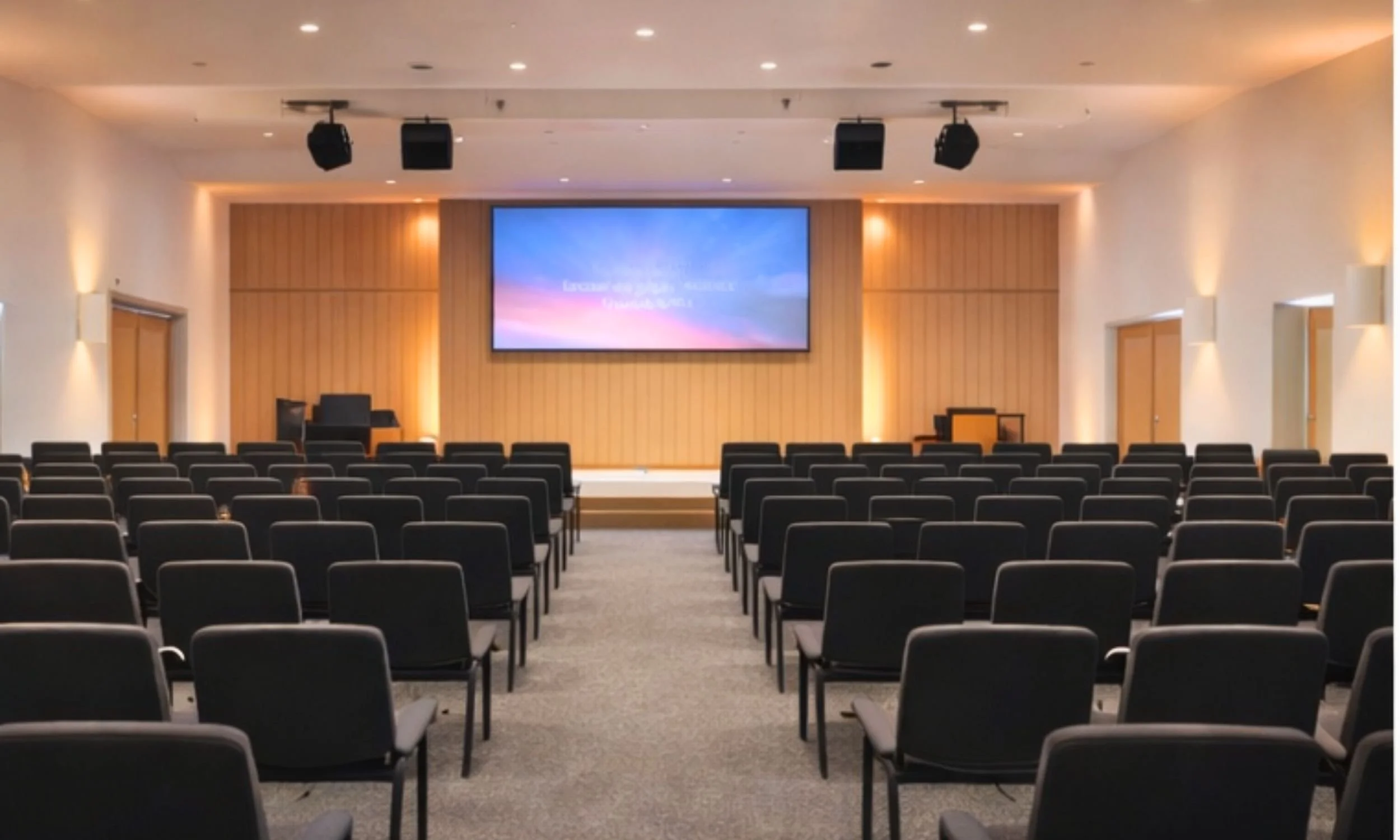 Empty conference room with rows of black chairs facing a large screen on a wood-paneled wall, with a podium and lighting fixtures.