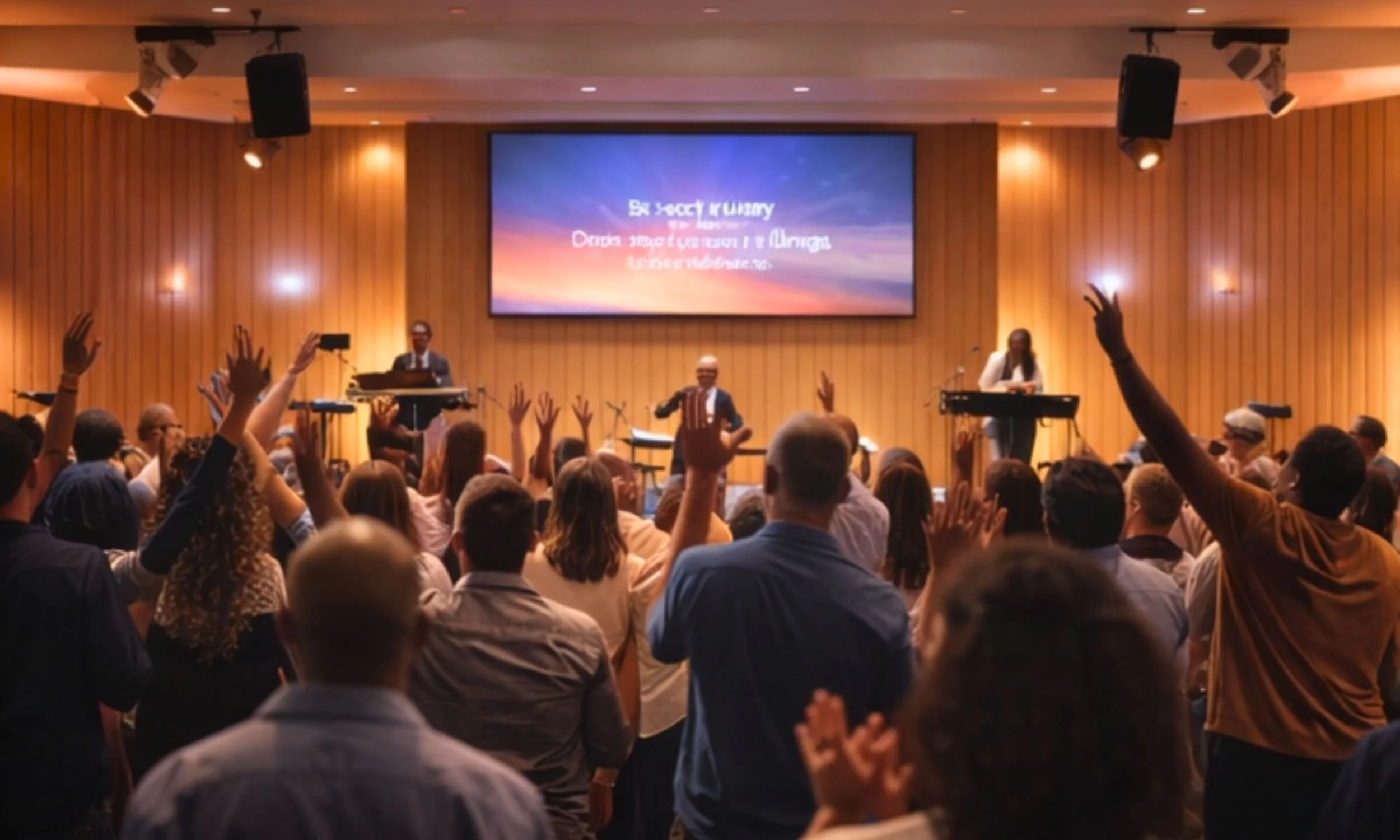 A diverse group of people with raised hands attending a concert or event in a wooden-paneled hall with a large screen displaying colorful graphics and text.