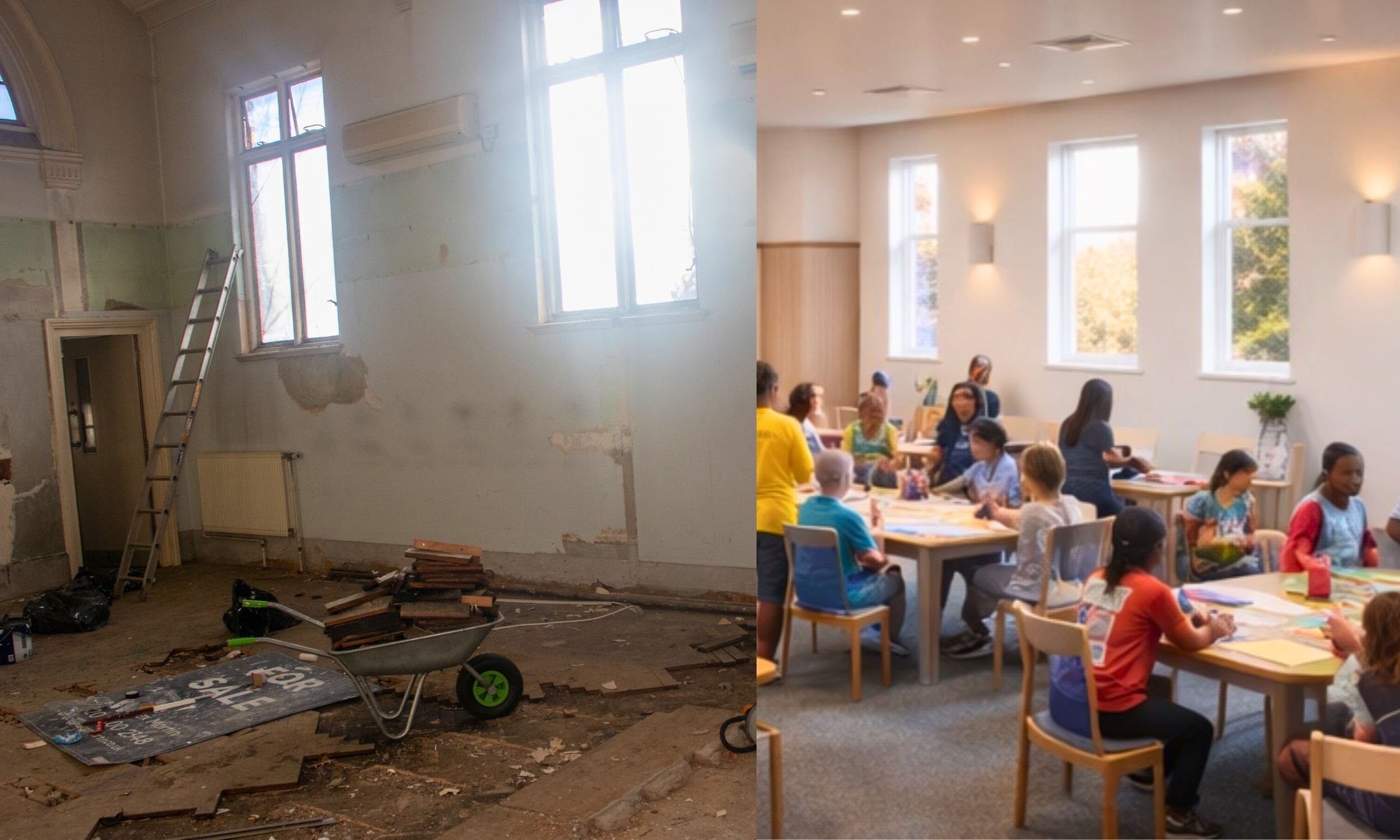 A side-by-side comparison of two indoor spaces: the left shows a room under renovation with construction tools, debris, and an unfinished wall, while the right shows a bright, finished room with children and adults sitting at tables, engaging in activities.
