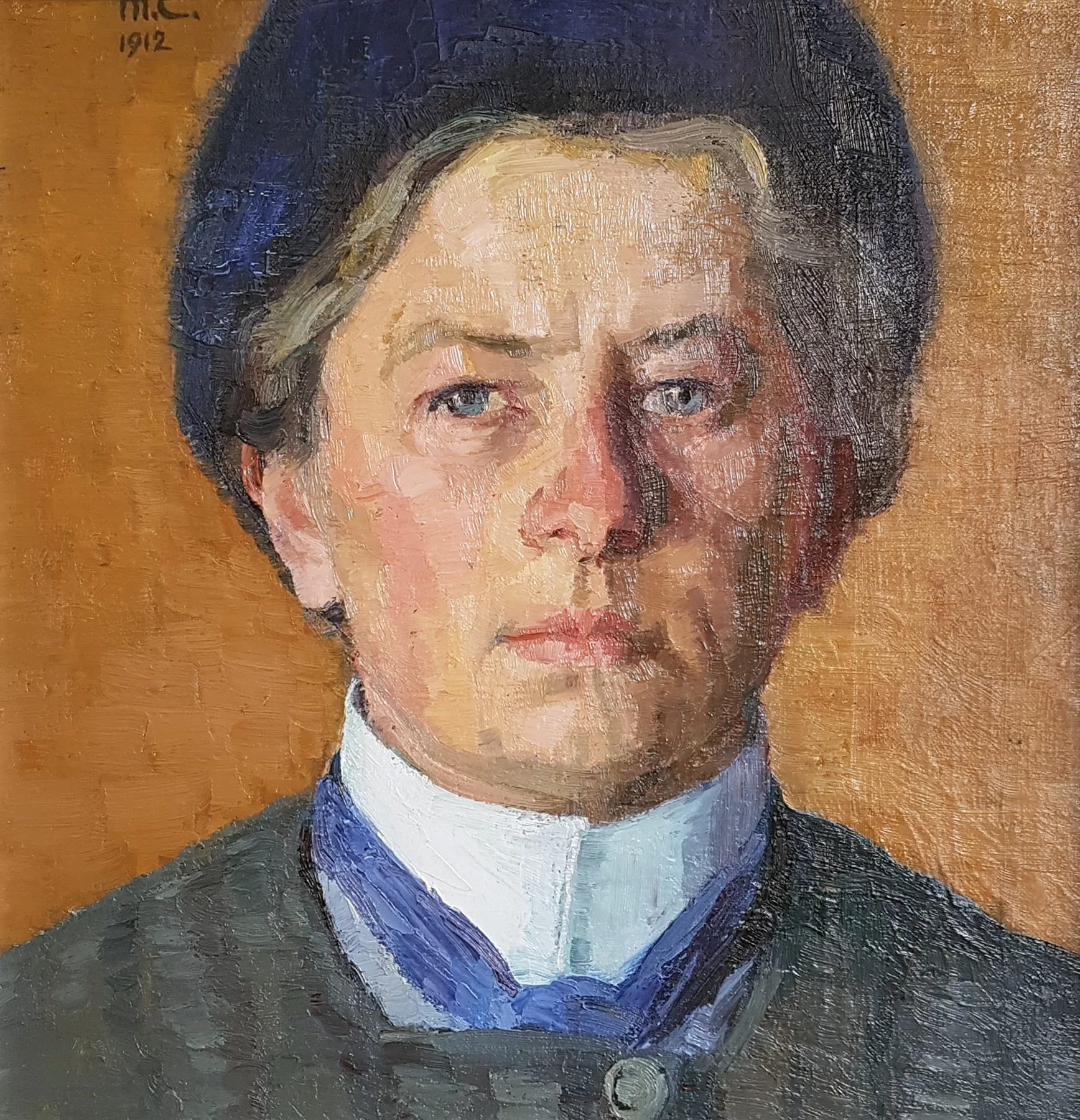Selbstporträt mit blauer Mütze, 1912. Öl auf Pavatex. 32 x 31cm