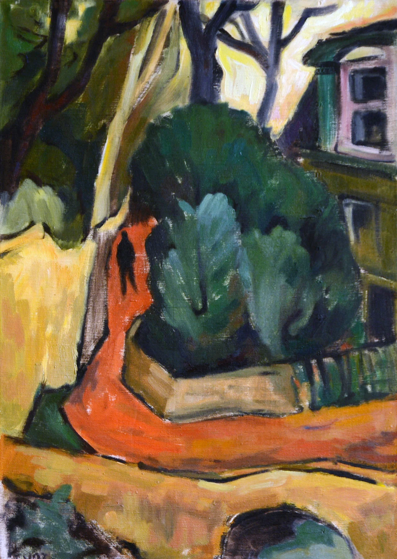 Brückenweg zwischen Gartenmauern - Roter Weg, 1964. Öl auf Leinwand. 61 x 44cm