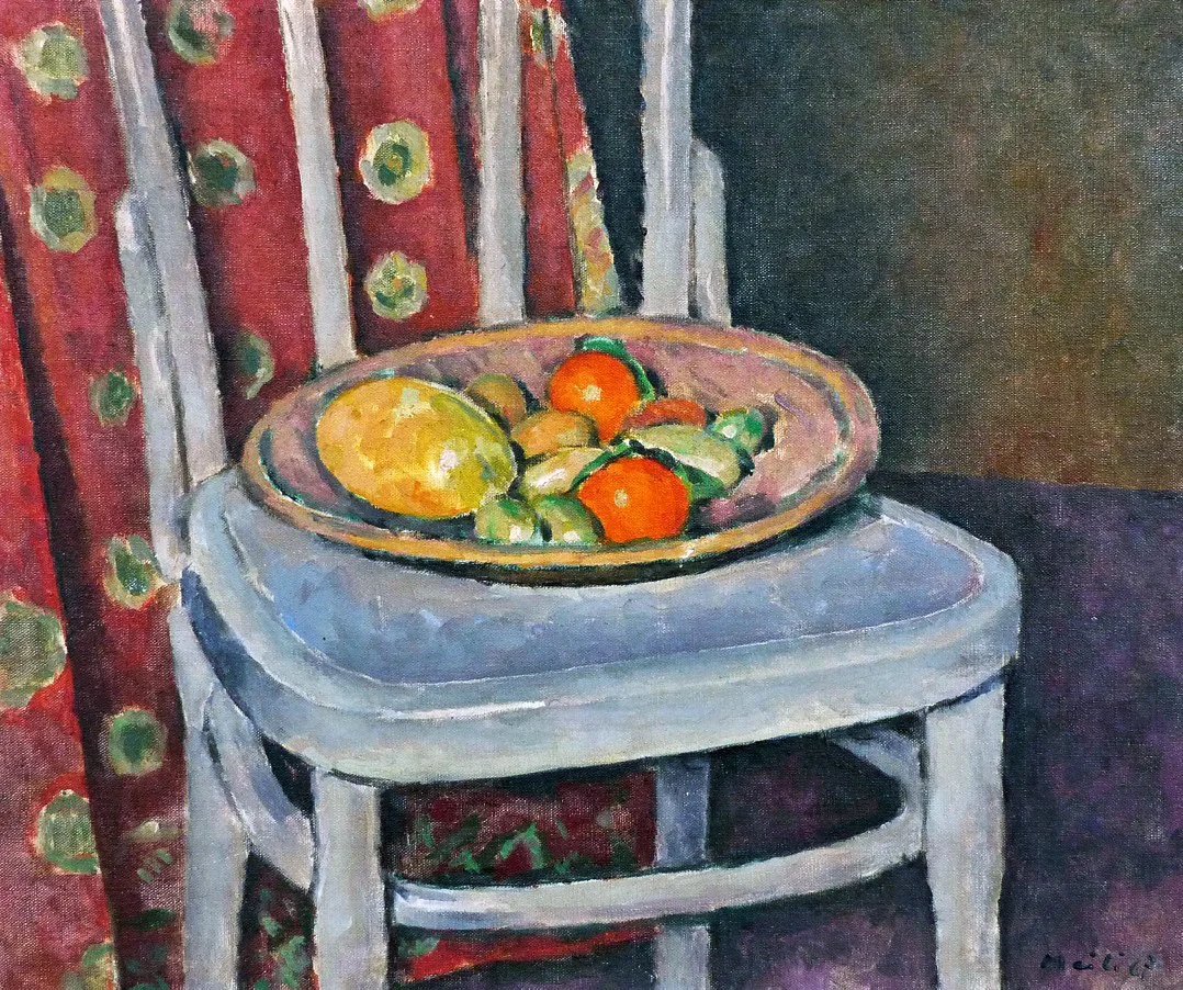 Conrad Meili. Stillleben mit Obstschale und Stuhl, 1967. 46 x 55 cm