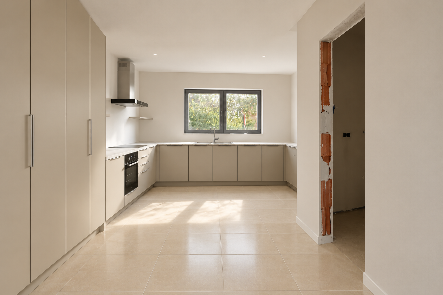 Moderne beige keuken met tegelvloer.JPEG