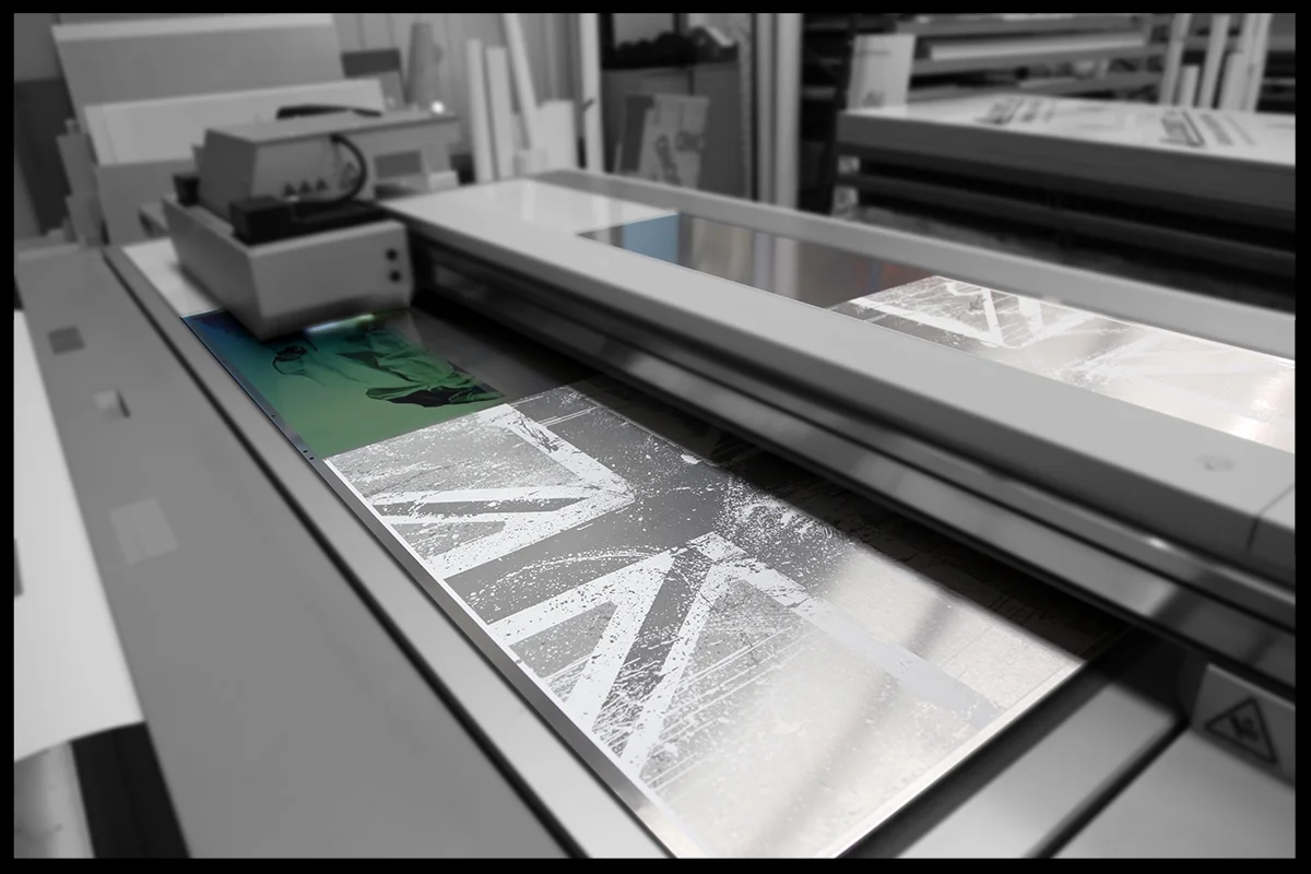 White ink on Brushed Aluminium Dibond