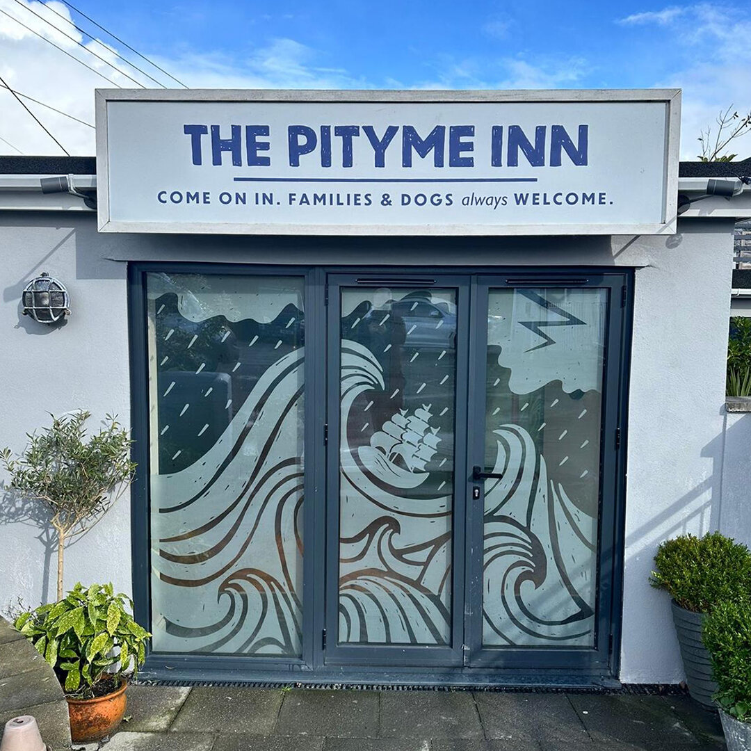 Here's some recent window graphics we printed and installed at @pitymeinn ... Originally to be contour cut in a silver etched effect vinyl, when we realised it would lose too much of the great design detail, we came up with a printing process to matc