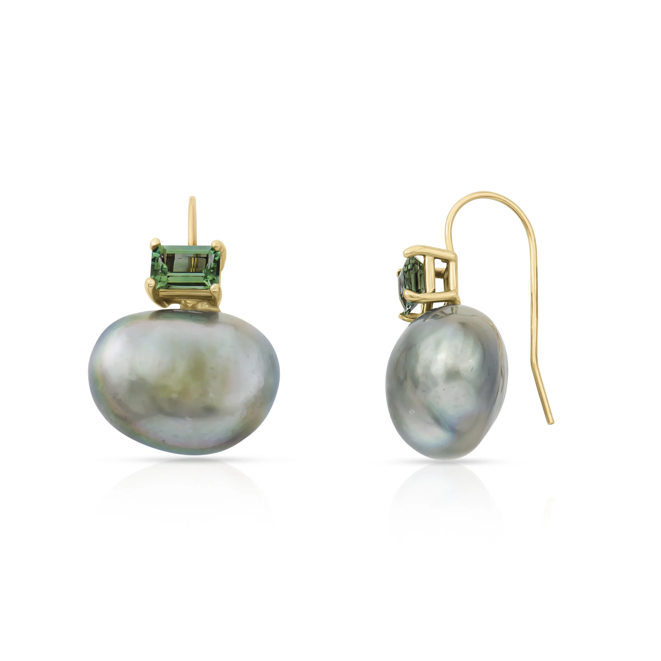 Green Tourmaline and South Sea Keshi Pearl Earrings