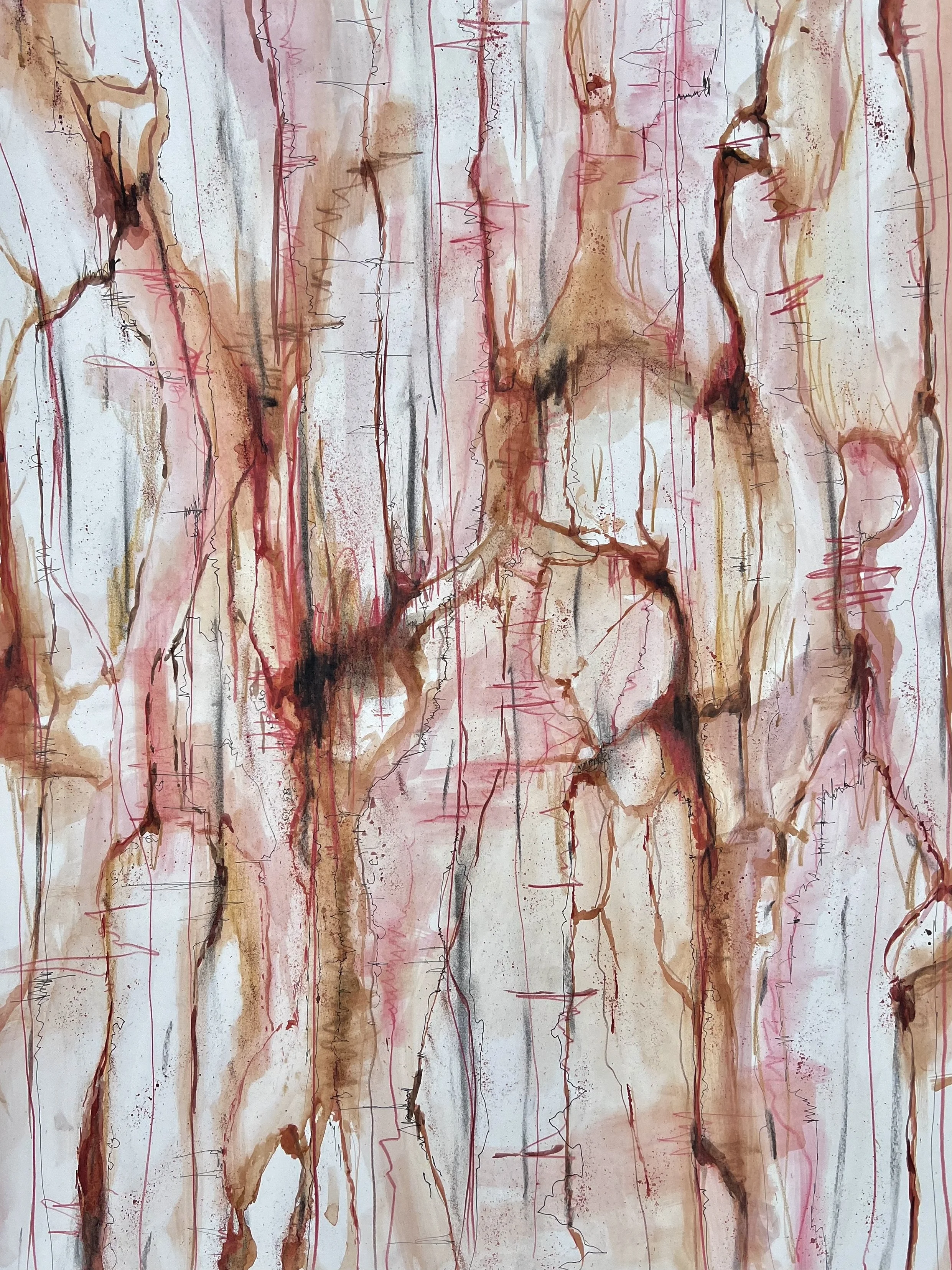 Abstract watercolor painting with vertical streaks of earthy tones like brown, tan, pink, and hints of black, resembling tree bark.